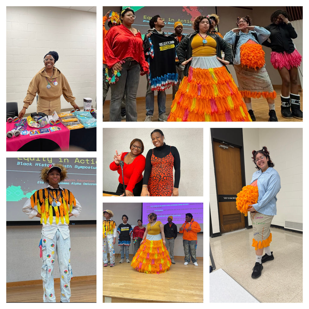 A collage of the Prevention Meets Fashion event including the youth designers & models, PMF board members, ESG leaders, and donated ONE® products/swag.