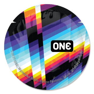 ONE® Condom wrapper featuring a colorful array of lines. Created by @felipepantone