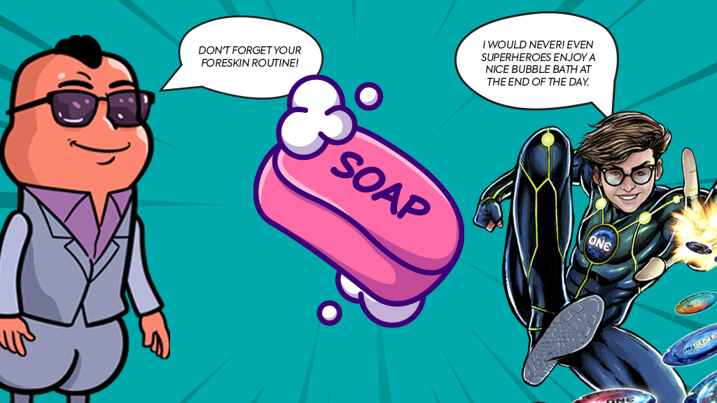 Foreskin Day image of a cartoon penis on the left side, with a speech bubble encouraging people to do a proper cleaning. Cosmo character on the right confirms cleaning the foreskin is important.