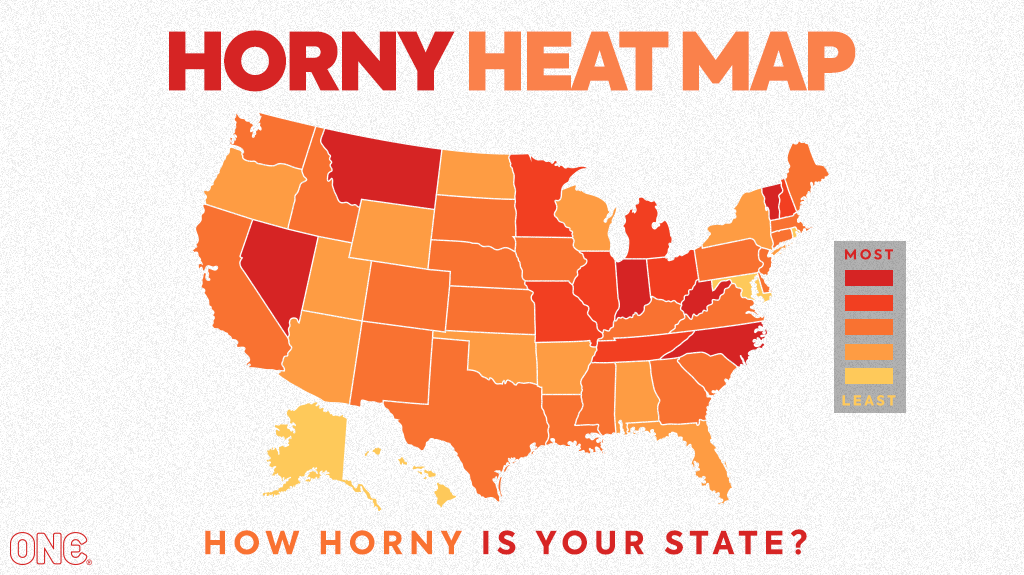 Map with title "Horny Heatmap" showing all 50 U.S. states, each shaded a different color based on their level of horny-ness. Text on bottom asking 'How horny is your state'. Legend on the right showing what each color corresponds to labelled least horny and most horny