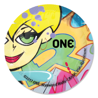 ONE® Condom Wrapper - Design with a graffiti texture and a person. Designed by @crashone