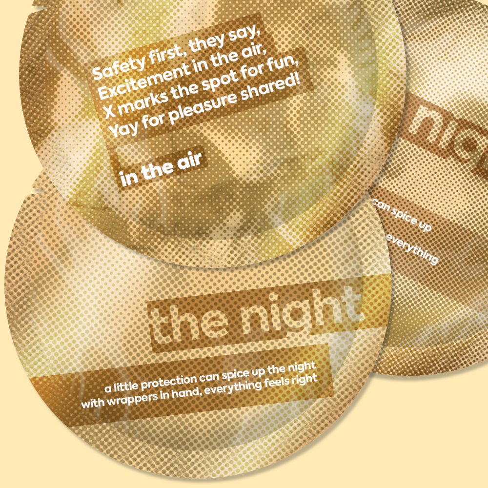 An image of three round metallic gold condom wrappers on a light tan background. The wrappers half a halftone pattern on them with text overload on top. Only the text on the front wrapper is fully readable, and it is a short couplet titled “The Night.” The poem reads “A little protection can spice up the night, / with wrappers in hand, everything feels right.