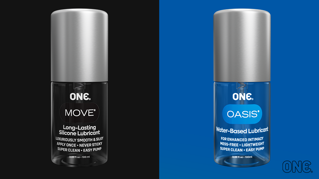 An image with the ONE Move silicone lubricant bottle on the right side against a black background, and on the right side is the ONE Oasis water-based lubricant on a blue background.