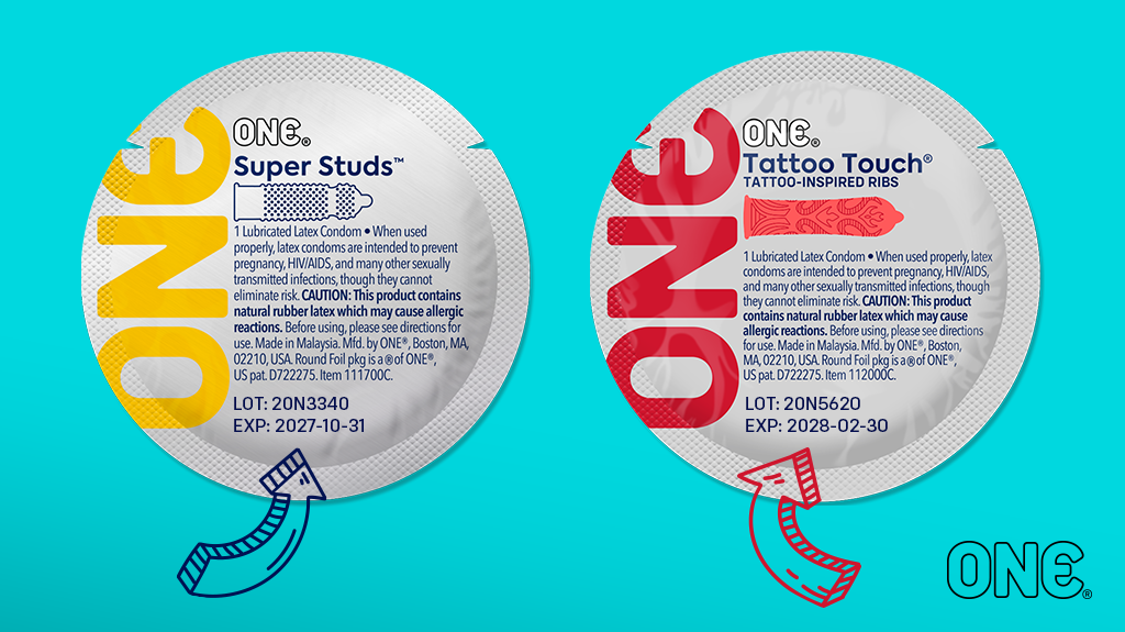 ONE Condoms are round. This image has a teal background and images of ONE condom wrappers on the back foil. This shows where the expiration date is and the lot number is.