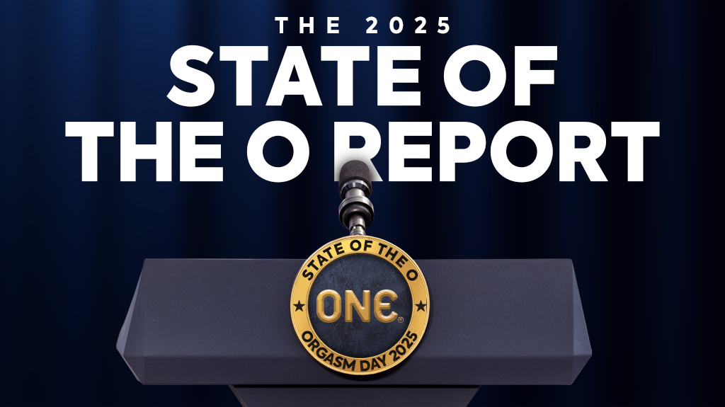 A banner with a presidential podium and microphone. Text says STATE OF THE O REPORT referring to the report on orgasms in America that will be discussed in this blog.