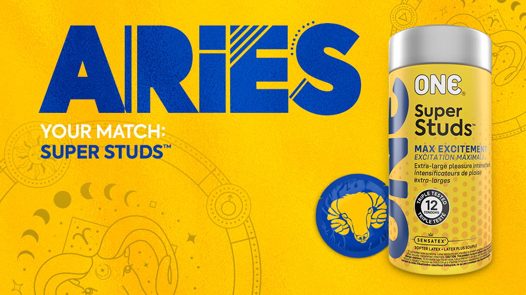 Yellow image with blue and white text. Text says "ARIES. Your Match: Super Studs." The image shows the ONE Super Studs 12-ct packaging and a blue condom with a yellow Aeries symbol.