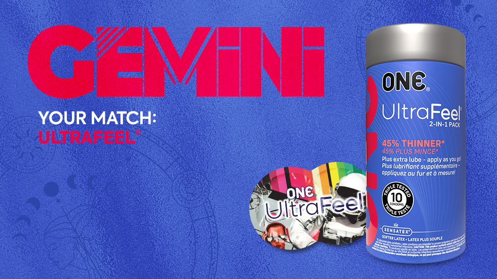 Image is purple with pink and white text. Text says "GEMINI. Your Match: Ultrafeel." The image shows the Ultrafeel 10ct packaging and the Ultrafeel condom.