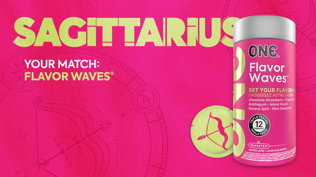 The image is pink with green and white text. The text says "SAGITTARIUS. Your Match: FlavorWaves." The image shows the ONE Flavor Waves 12-ct packaging and a green condom with the Sagittarius zodiac symbol.