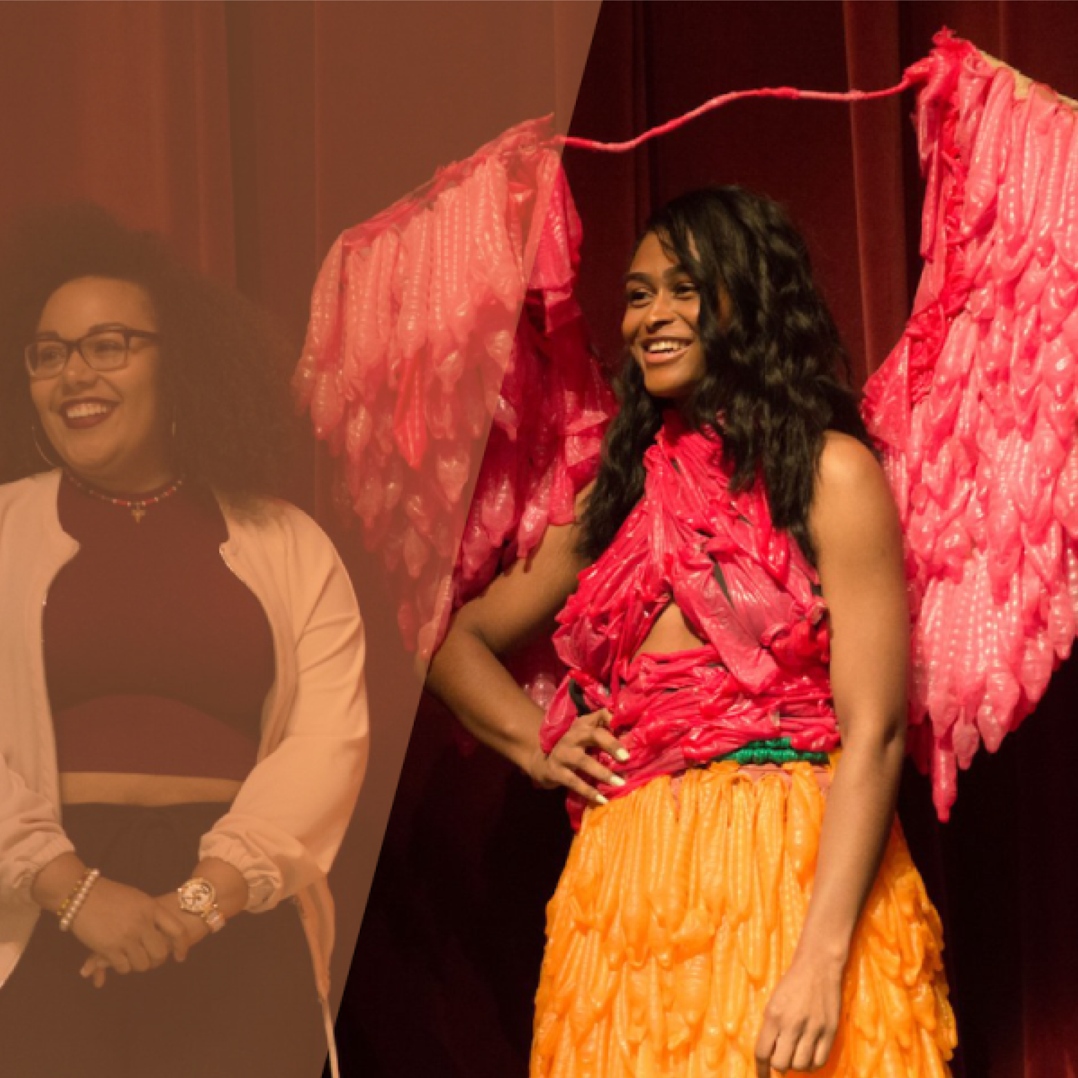 Woman in condom dress with condom wings.